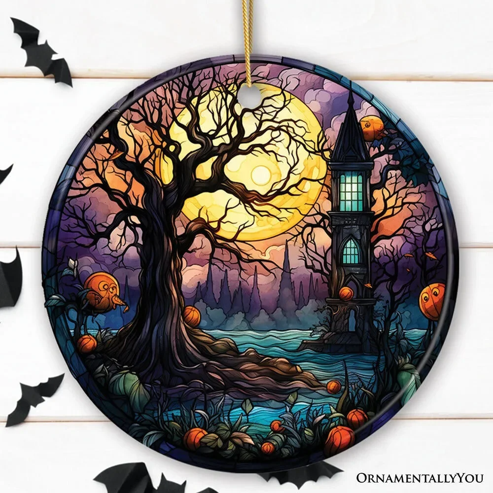 Spooky Tree & Haunted House Stained Glass Style Ceramic Ornament, Halloween The